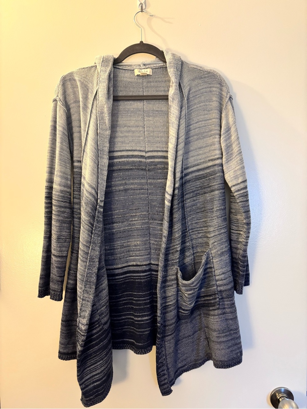 Open-Front Hooded Gradient Blue Sweater Cardigan